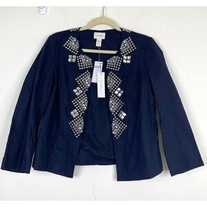 NEW Chicos Stud Embellished Linen Jacket Size 0 Blue Southwest Cowgirl Rodeo